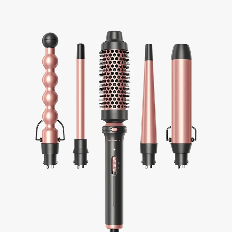 Rose-gold five-in-one curling wand set with interchangeable barrels