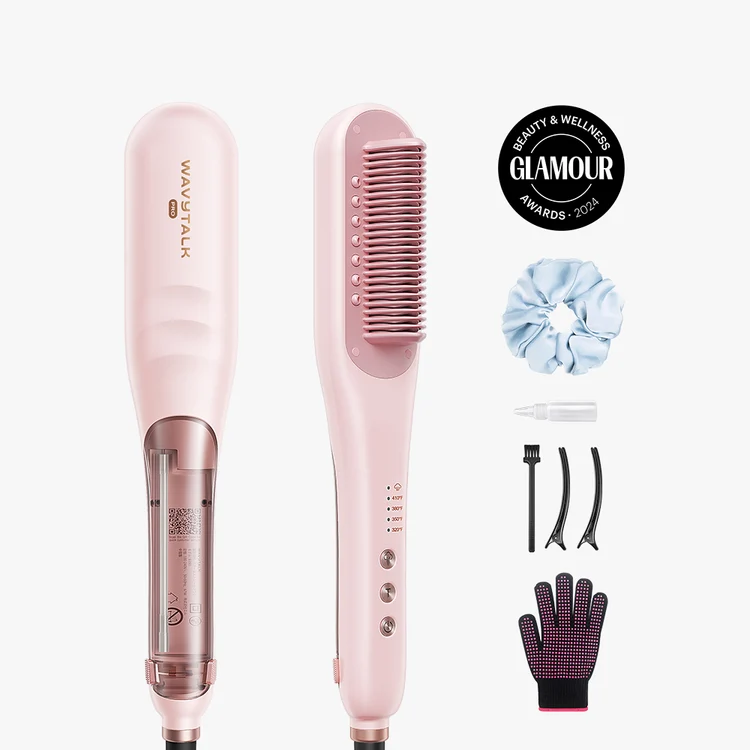 Pink Steamline Pro brush with clips, refill bottle, scrunchie, and heat-resistant glove