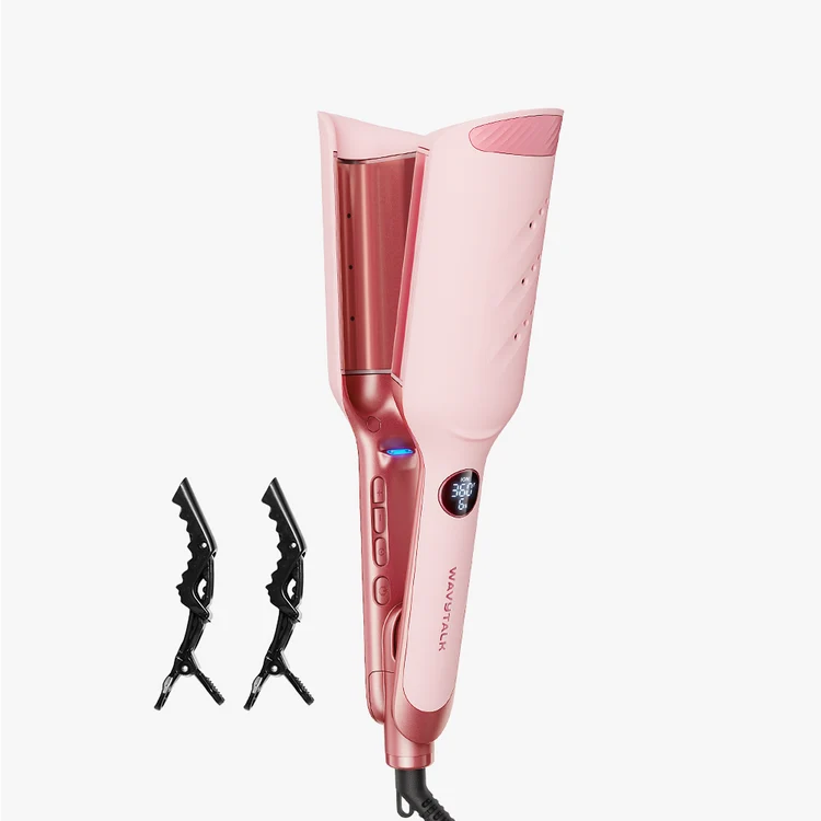 Pink automatic curling tool with two black sectioning clips