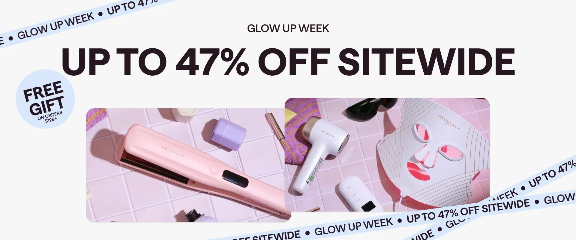 Glow Up Week campaign showing a collection of pink hair styling tools