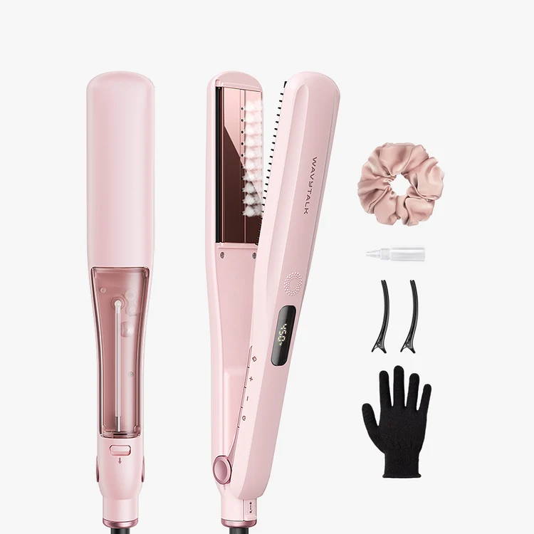 Pink Steam Sesh straightener with its water tank and included styling accessories